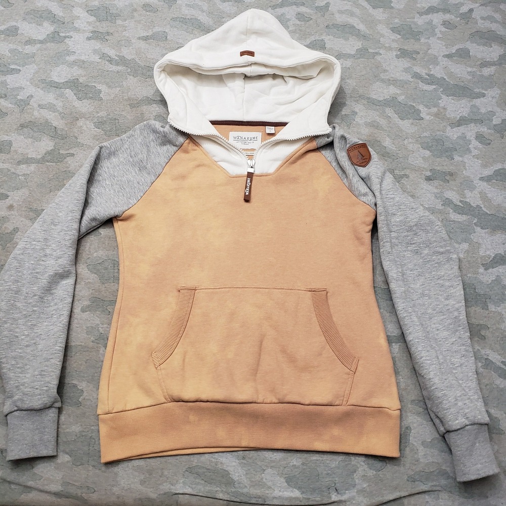 Wanakome Sweatshirt Women Small Tan Colorblock Zip Pullover Hoodie Pockets